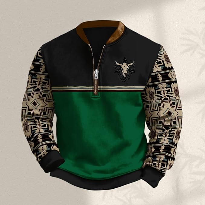 HOTYD Aztec Cowboy Jacket Men Vintage Bullhorn Printed Oversized Western Sweatshirt Long Sleeve Quarter Zip Pullover