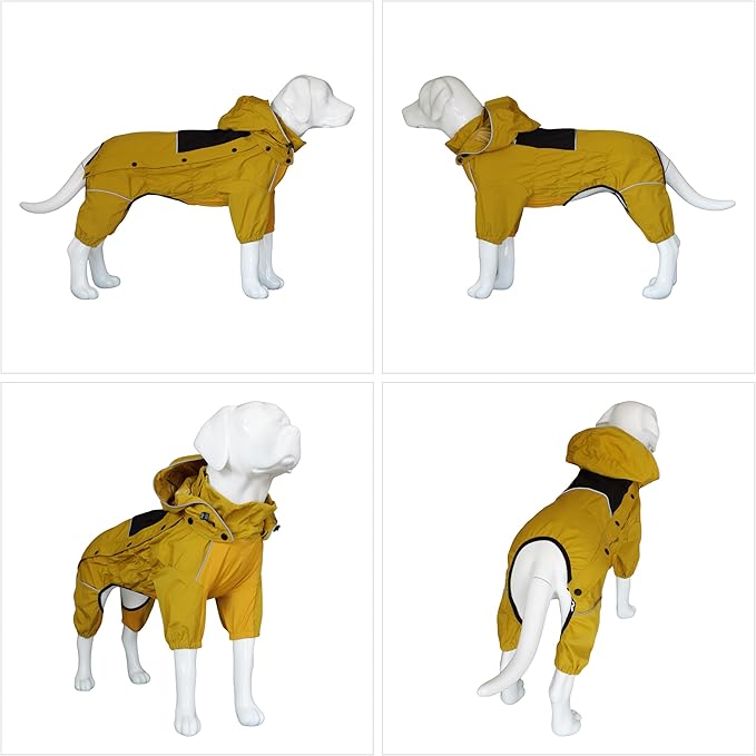 LOVELONGLONG Fleece-Lined Dog Raincoat with Removable Hood – Waterproof Winter Full Body Dog Jacket – Windproof Snowproof Cold-Weather Suit – Yellow-F XXS