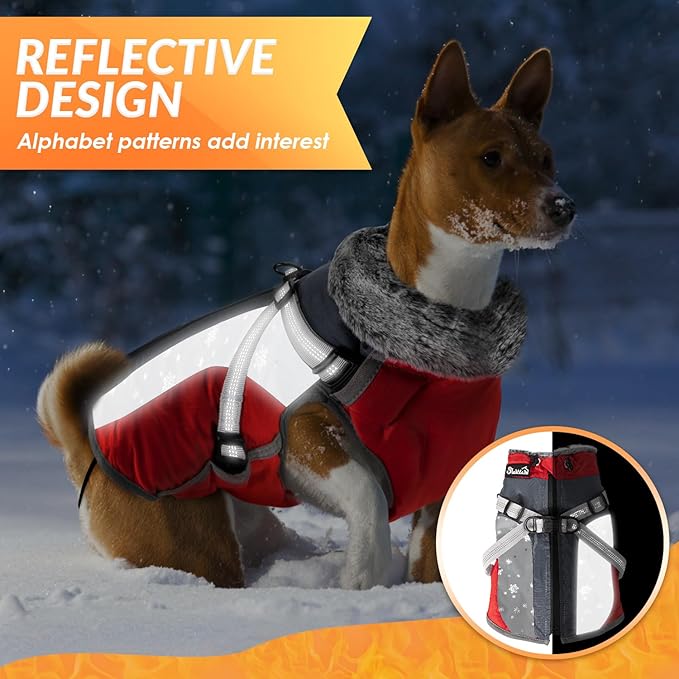 SlowTon Dog Jacket with Harness Built in - Waterproof Fleece Winter Warm Dog Coats for Small Medium Dogs, Reflective Adjustable Furry Puppy Vest Clothes for Outdoor Walking (Red & Black,S)