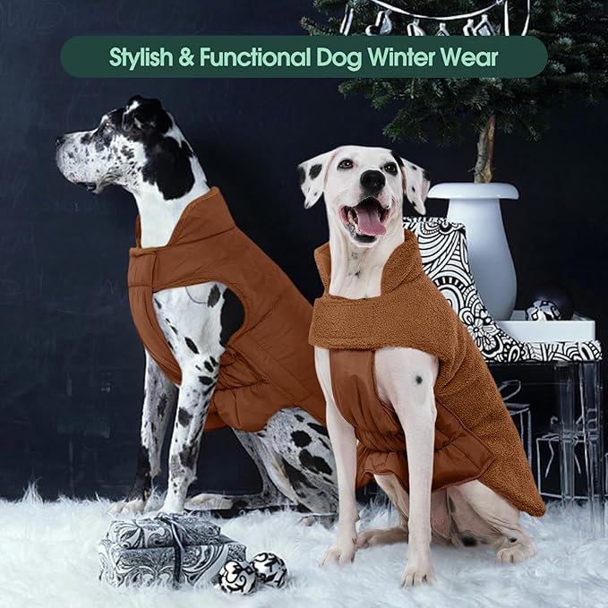 Kuoser Reversible Dog Coat – Warm Fleece & Quilted Waterproof Dog Jacket, Double-Sided Cold Weather Dogs Winter Coat with Harness Hole, Windproof Pet Snow Vest for Small Medium Large Dogs, Brown 3XL