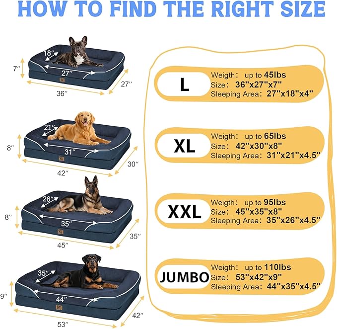 Removable Orthopedic Large Dog Bed -XL Large Dog Beds with Washable Cover and Removable Bolsters Non-Slip Bottom & Waterproof Pet Bed Sofa for Big Size Dogs