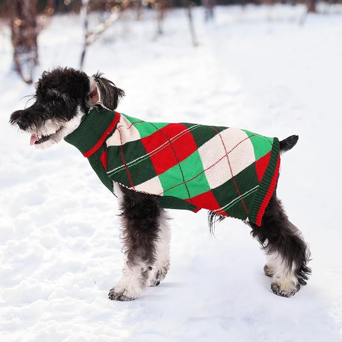 KOOLTAIL Dog Christmas Sweater Pet Knitted Clothes - Classic Plaid Pull Over Turtleneck Dog Sweaters with Leash Hole Warm Dogs Winter Clothing for Small Medium Dogs Cats Puppy Boy Girl Red & Green SM