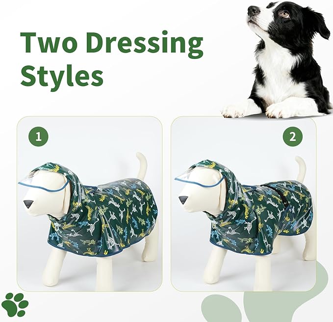 Dog Raincoat, Waterproof Windproof Dog Rain Jacket with Hood, Rain Coat with Leash Hole, Adjustable Raincoat Poncho for Small Medium Large Dogs Outdoor (Green, Large)