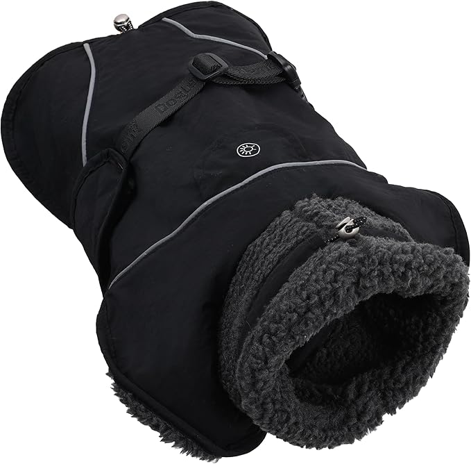 Adjustable Dog Coat with Harness Slot, Waterproof Fleece Lined Winter Jacket, Windproof Reflective Pet Vest for Cold Weather for Small Medium Large Dogs (Black, X-Large)