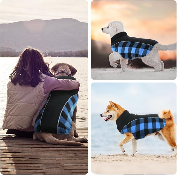 Kuoser Dog Winter Coat, Reversible Waterproof Dog Jacket with Reflective Strip, Warm Dogs Fleece Vest Adjustable Doggy Cold Weather Clothes Plaid Christmas Outfit Pet Apparel for Large Dogs, Blue L