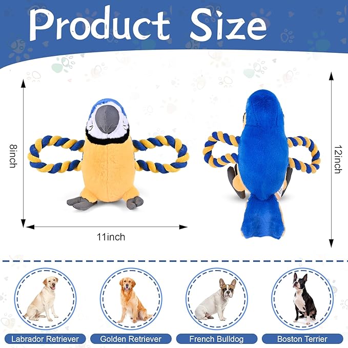 Squeaky Parrot Dog Toy with Rope Wings, Tug of War & Chew Interactive Plush Bird Toy for Small Medium Dogs, Indoor Puppy Play