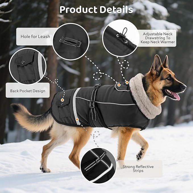 Dog Coat, Warm Dog Winter Coat Reflective Jacket Waterproof Fleece Vest, Pet Jacket Cozy for Cold Weather, Dogs Snowsuit Windproof, Adjustable Buckle for Large Extra Dogs