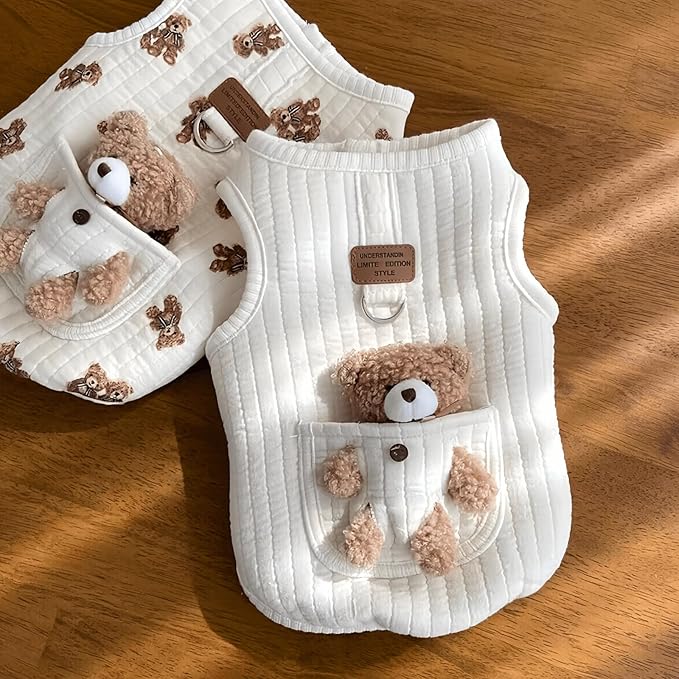 Cute Pet Apparel Plush Bear Pattern Cartoon Dog Clothes All Season Sleeveless Puppy Kitten Pullover Soft Skin-Friendly (White1, S (2.2-4.4lbs))