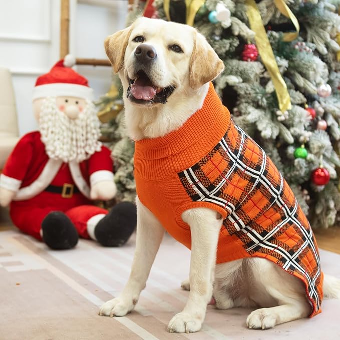 PUPTECK Dog Sweaters for Large Medium Small Dogs - Fall Classic Plaid Style Puppy Holiday Winter Coat Clothes Warm, Reddish Orange, M