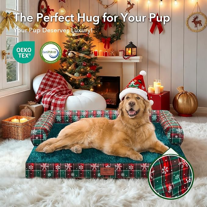 XL Christmas Dog Bed for Extra Large Dogs-Waterproof Large Dog Cat Bed with Sides,Foam Big Pet Couch Sofa Beds with Washable Removable Cover,Comfort Orthopedic Pet Beds with Non-Slip Bottom