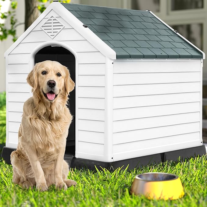 DWVO Plastic Dog House, Weatherproof Outdoor/Indoor Doghouse, Puppy Kennel with Air Vents and Elevated Floor