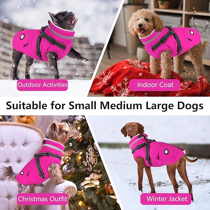Dogcheer Dog Coat with Harness, Waterproof Dog Jacket Christmas Pet Winter Coat with Pockets, Reflective Doggy Turtleneck Fleece Jacket for Small Medium Large Dogs - Pink, XS