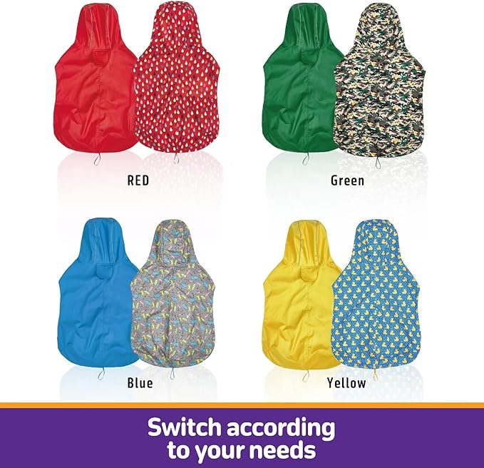 Dog Raincoat Reversible, Single Side Slicker Poncho Adjustable Waterproof Dog Rain Jacket with Leash Hole/Reflective Stripe Hooded Snowproof Windproof Clothes for Small to 3X-Large Dogs, 2XL