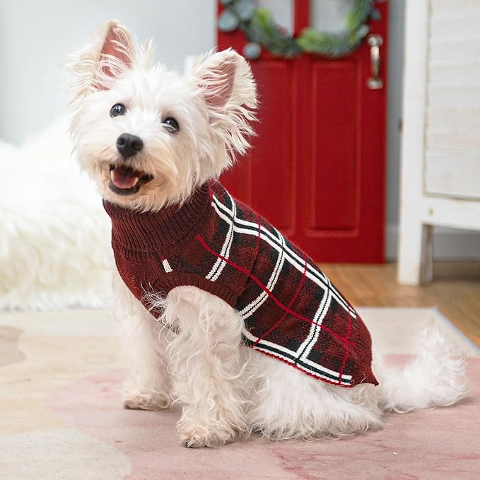 PUPTECK Dog Christmas Sweaters for Large Medium Small Dogs - Fall Classic Plaid Style Puppy Holiday Winter Coat Clothes Warm, Deep Red, XL