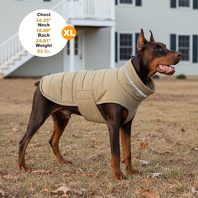 Dog Coat, Waterproof Winter Jacket, Warm Windproof Vest, Reflective Adjustable Turtleneck Coats for Medium and Large Dogs with Hook & Loop - Khaki - L