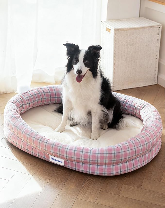 Orthopedic Dog Bed for Medium Size Dogs, Pet Sofa Bed with Egg Crate Foam, 4-Sided Bolster, Removable Washable Cover & Anti-Slip Bottom, Medium Pink Plaid