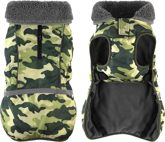 Dogcheer Warm Dog Coat, Waterproof Dog Jacket Reflective Adjustable Puppy Winter Coat with Buckle, Christmas Pet Snow Jacket Turtleneck Fleece Sweater for Small Medium Large Dogs- Camo Green, L
