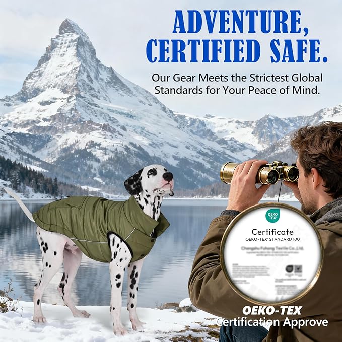 Dog Winter Jacket Waterproof, Reflective Fleece Lined Dog Coats for Small Medium Large Dogs, Warm Snow Coat for Dogs, Insulated Cold Weather Dogs Puffer Jackets with Leash Hole, Olive, 2XL