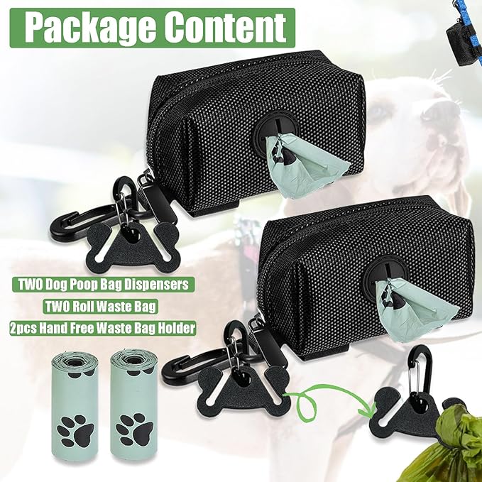 Dog Poop Bag Dispenser for Leash Accessory, 2 Packs (Black), 16 Rolls, Hand Free Holder & Bag, Fits Dog Leash, Animal Waste