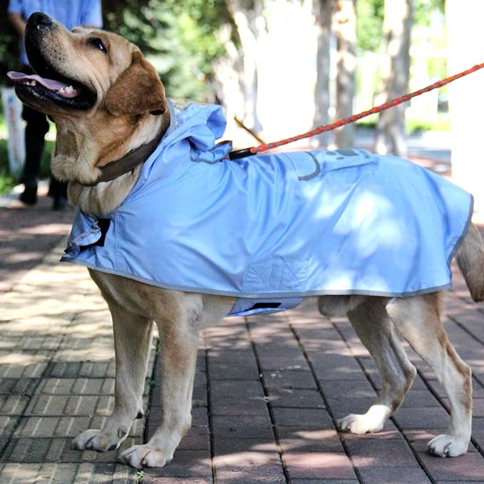 MAMORE Dog Raincoat Reversible,Waterproof Dog Rain Coat Hooded Slicker Poncho with Reflective Strip, Plaid Double Layer Rain Jacket for Small Medium Large Dogs (Light Blue, Large)