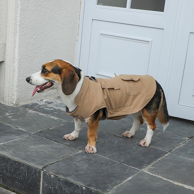 Workwear Style Dog Coats with Harness Built in for Small Dogs Windproof Warm Puppy Jacket with Storage Pockets for Cold Winter,LightBeige L