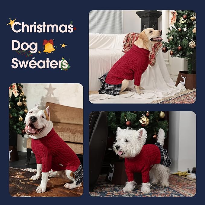 IECOii XL Dog Sweater Dress for Large Dogs Girl, Cable Knit Winter Dress for Female Dogs, Red,XLarge, Soft Girl Dog Sweater with Tartan Plaid Skirt Cute Turtleneck Knitwear for Cold Weather