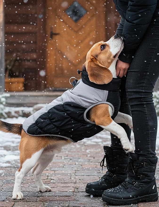 AURUZA Dog Coat, Warm Dog Winter Coat Waterproof Small Dogs Jacket with Harness Built Reflective Pet Vest with Zipper for Medium Dogs Windproof Pet Fleece Vest Snow Jacket for Cold Weather(Black,XL)