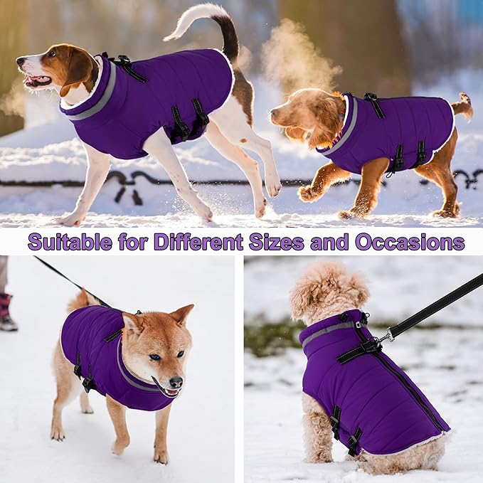 Dogcheer Dog Coat with Harness, Waterproof Dog Jacket Adjustable Pet Winter Coat with Zipper, Christmas Puppy Snow Jacket Fleece Sweater for Small Medium Large Dogs - Purple S