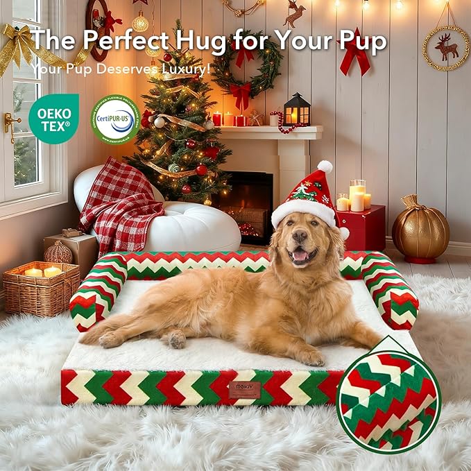 XL Christmas Dog Bed for Extra Large Dogs-Waterproof Large Dog Cat Bed with Sides,Foam Big Pet Couch Sofa Beds with Washable Removable Cover,Comfort Orthopedic Pet Beds with Non-Slip Bottom