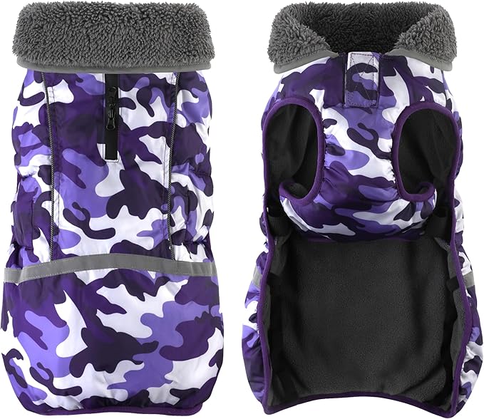 Dogcheer Warm Dog Coat, Waterproof Dog Jacket Christmas Puppy Winter Coat with Buckle, Reflective Adjustable Pet Snow Jacket Turtleneck Fleece Sweater for Small Medium Large Dogs - Camo Purple, XL