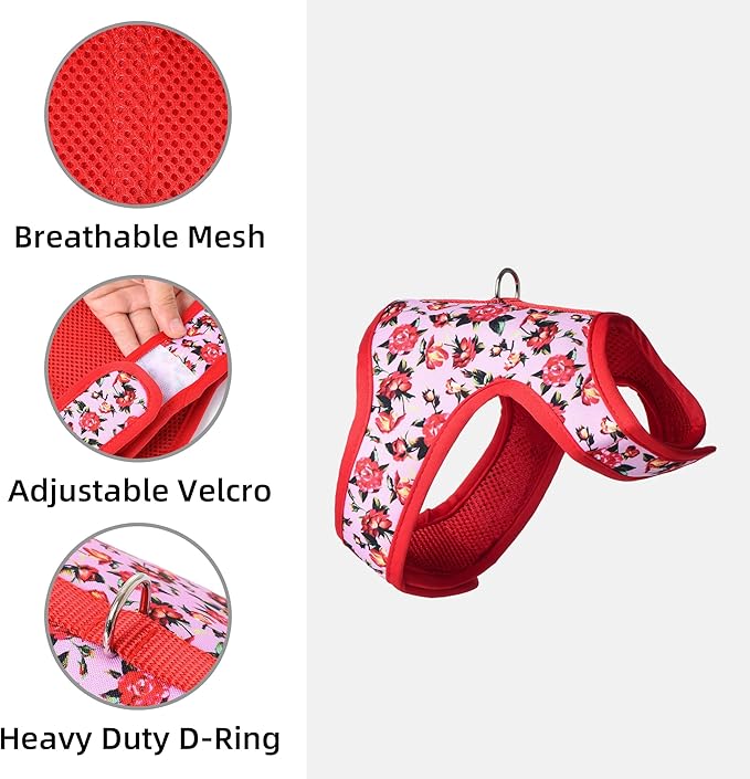 Mile High Life Velcro Dog Harness, Air Mesh Floral Vest Harness for 20 lbs Small Dogs & Cats, Easy Get on Adjustable Easy Closures Both Neck and Chest(Peony Rose, S Chest 16"-18")