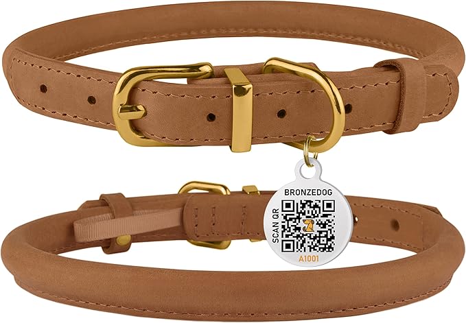 BronzeDog Rolled Leather Dog Collar with QR ID Tag, Adjustable Soft Round Collars for Small Medium Large Dogs Puppy (11" - 14 1/2" Neck Size, Light Brown)
