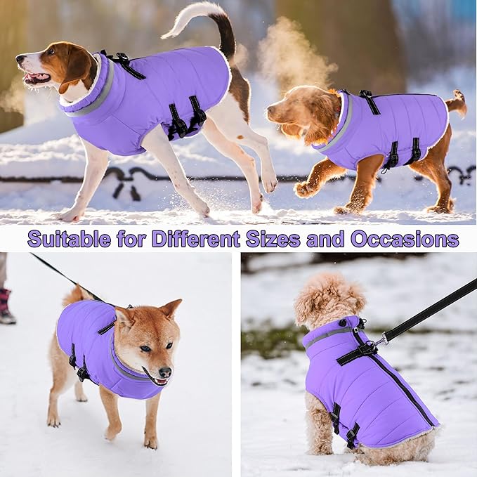 Dogcheer Dog Coat with Harness, Waterproof Dog Jacket Adjustable Winter Coat with Zipper, Christmas Puppy Snow Jacket Fleece Sweater for Small Medium Large Dogs - Taro Purple 3XL