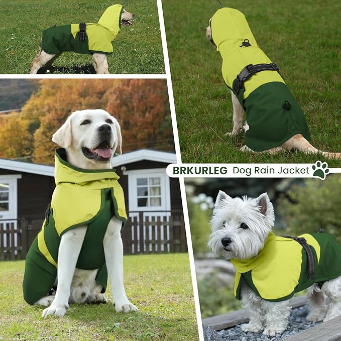 BRKURLEG Dog Raincoat for Small Medium and Large Dogs Waterproof Dog Rain Jacket Adjustable Hooded Dogs Raincoat Pet Rain Coat Poncho with Leash Hole, Reflective Strip, Green, XXL