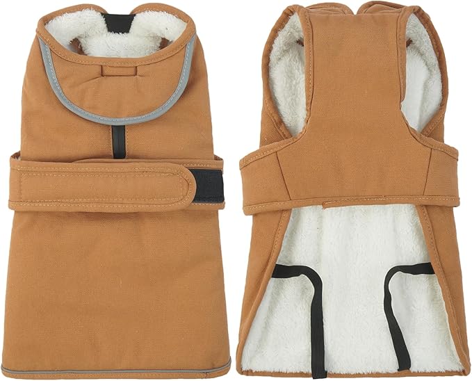 Kuoser Canvas Dog Coat, Warm Dog Jacket Reflective Fleece Pet Cold Weather Coat, Warm Doggie Clothes Waterproof Winter Vest with Zipper Leash Hole for Small Medium Large Dogs, Brown 2XL