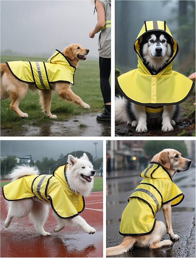 Dog Raincoat Jacket Adjustable Hooded Poncho Lightweight Waterproof Clothes with Strip Reflective Pet Rain Coat for Small to X-Large Dogs