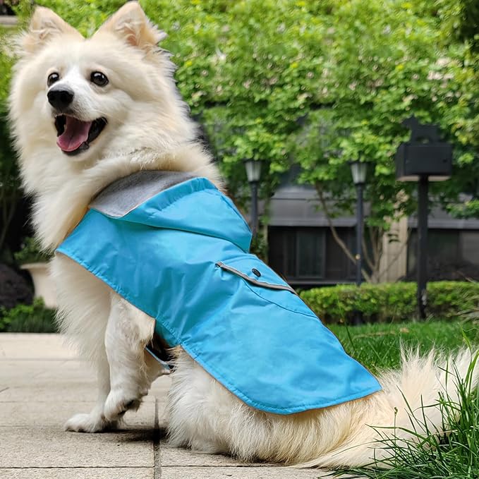 Dog Raincoat Dogs Rain Jacket Reflective Poncho Rainwear Waterproof Pet Clothes Warm Lined Pocket Hooded Leash Hole Adjustable Small Medium Dogs,Blue,L,Back Length 12.0 Inch