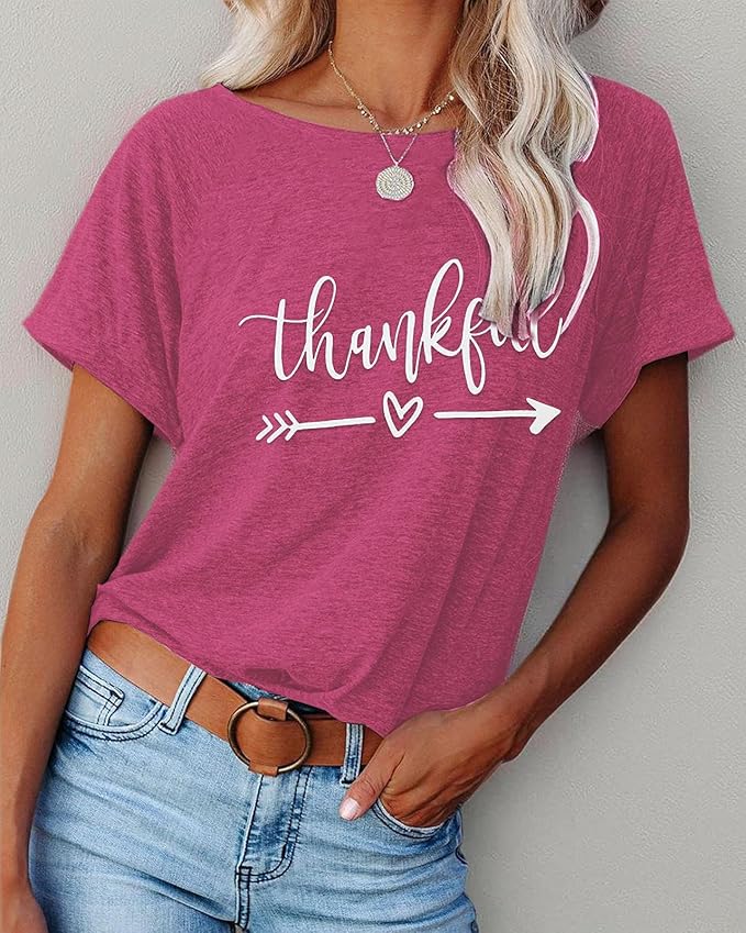 NIUBIA Women's T Shirts Summer Tops Simple Heart Graphic Shirts Sayings Short Sleeve Vacation Casual Blouse Thankful Tee