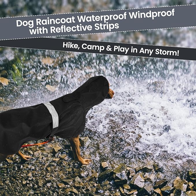 Nanaki Dog Rain Coats with Hood, Reflective Pet Raincoat with Leash Hole, Hooded Rain Ponchos for Rainny Snow Days,Windproof Waterproof Dog Coat Jacket Vest for Outdoor Hiking Walking Hunting Black L