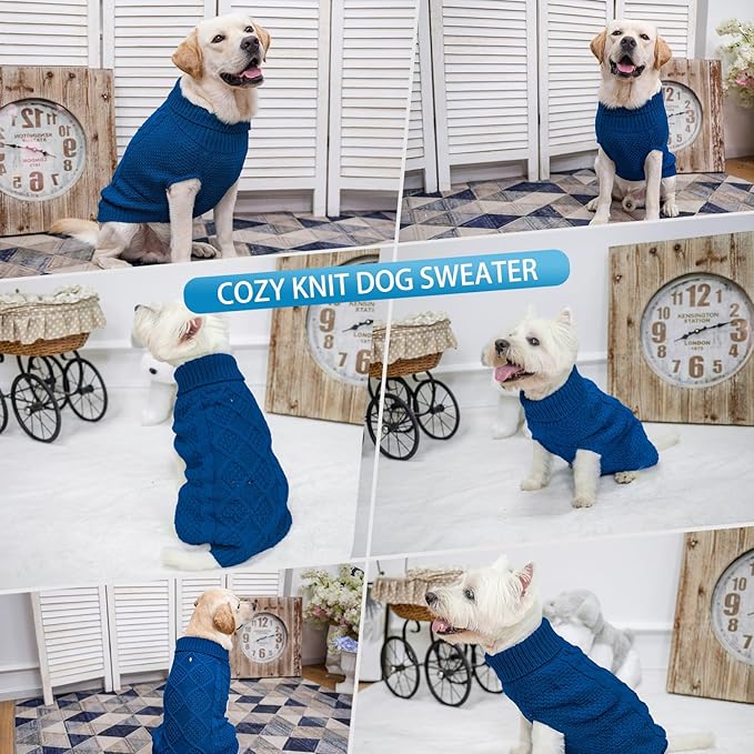Mihachi Turtleneck Dog Sweater - Winter Coat Apparel Classic Cable Knit Clothes with Leash Hole for Cold Weather, Ideal Gift for Pet in New Year Royal Blue Medium