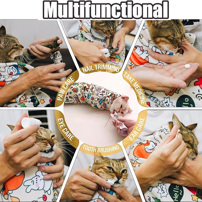 27.6'' Cat Grooming Wrap Cat Wrap for Cutting Nails, Anti-Escape Cat Restraint Wraps for Medicine Nail Clipping Ear Cleaning, Self-Adherent Cat Swaddle Wrap with Nail Clipper - Within 15lbs