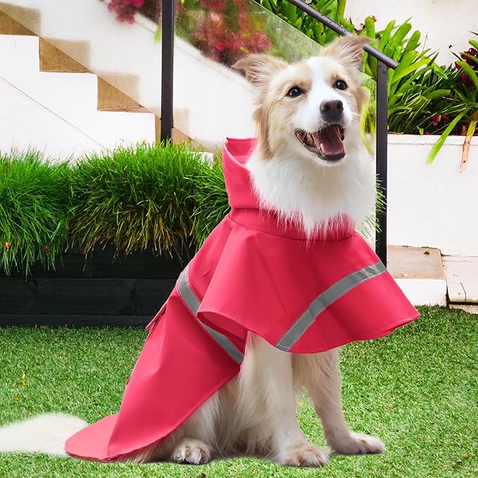 NACOCO Large Dog Raincoat Adjustable Pet Water Proof Clothes Lightweight Rain Jacket Poncho Hoodies with Strip Reflective (M, Red)