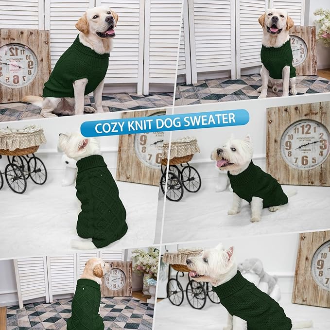 Mihachi Turtleneck Dog Sweater - Winter Coat Apparel Classic Cable Knit Clothes with Leash Hole for Cold Weather, Ideal Gift for Pet in New Year Army Green Medium/Large