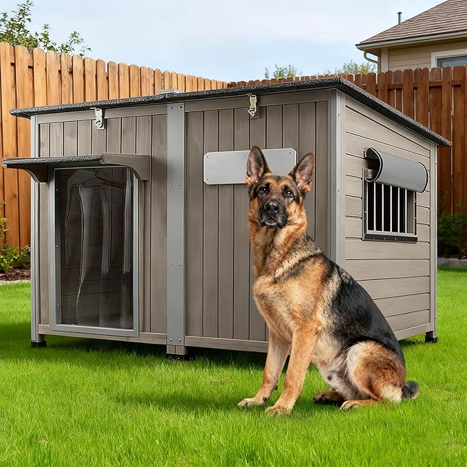 55"L Dog House Outdoor Large Breed Extra XL Wooden Dog House with Weatherproof Asphalt Roof, All-Around Iron Frame, Removable Floor, Openable Top Roof, Air Vents Window for Medium to Large Dogs