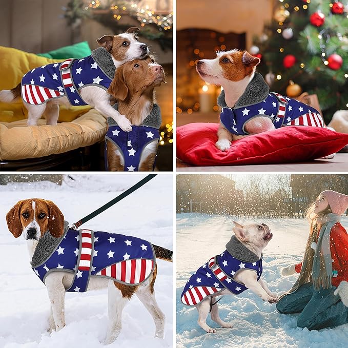 Dogcheer Dog Coat, American Flag Dog Jacket Waterproof Puppy Winter Coat for Cold Weather, Reflective Adjustable Pet Snow Jacket Fleece Sweater for Small Medium Large Dogs - USA Flag, 2XL