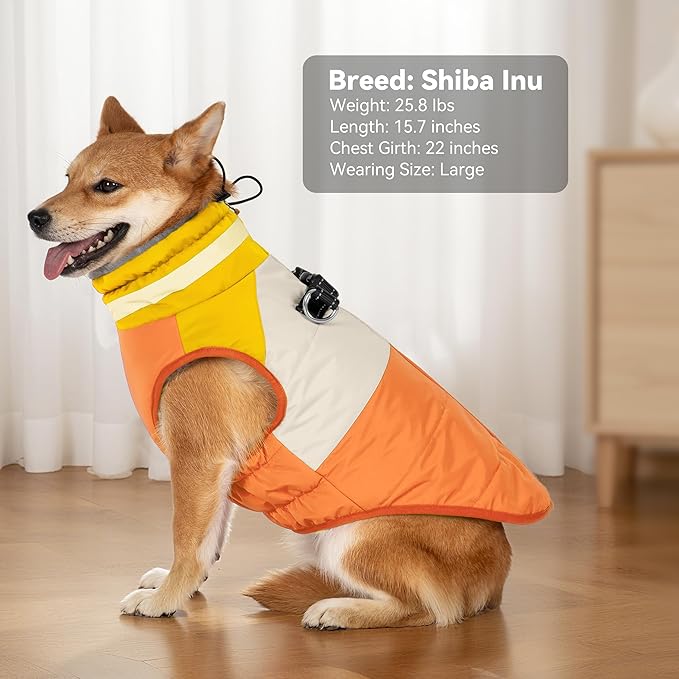 Dog Coat, Waterproof Dog Winter Coats for Small Dogs, Reflective Dogs Jacket with Harness Built in, Zip-up Cold Weather Coats Pet Vest Turtleneck Doggy Snowsuit, Orange Medium