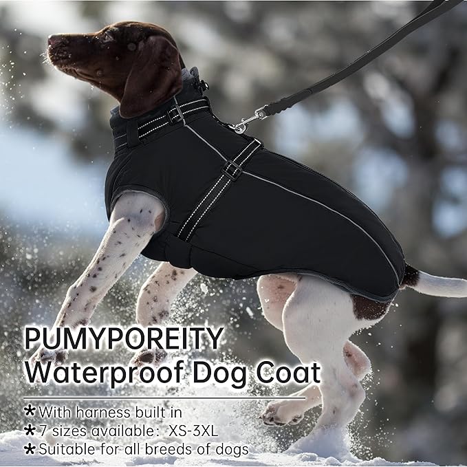 PUMYPOREITY Dog Coat with Harness Built in, Reflective Fleece Jacket, Thick and Warm Winter Coat, Medium Dog Jacket with Zip, Cold Weather Coats for Outdoor, Windproof Pet Snowsuit, Black, M