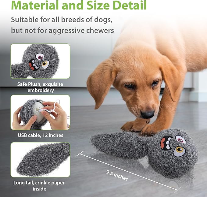 PETGEEK Interactive Squeaky Dog Toy, Automatic Moving Vibrating Dog Balls with Plush Cover, Rechargeable Perro Juguetes with Recording and Music Mode, Crinkle Pet Plush Toy for Boredom, Grey