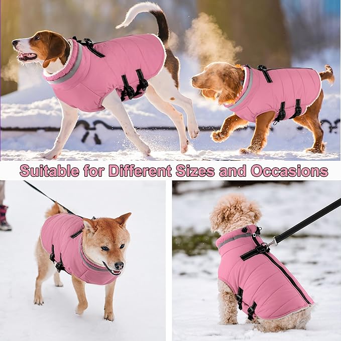 Dogcheer Dog Coat with Harness, Waterproof Dog Jacket Adjustable Winter Coat with Zipper, Christmas Puppy Snow Jacket Fleece Sweater for Small Medium Large Dogs - Light Pink XL