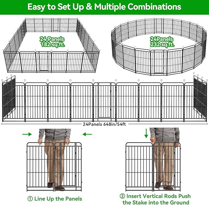 Square Steel Pipe Dog Fence Outdoor 24 Piece Panels 47" Height Anti-Rust Heavy Duty Dog Playpen with Doors Portable for Yard RV Camping, Total 54FT, 227 Sq.ft, Snowy Black